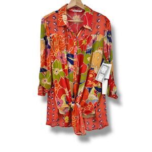 Figueroa & Flower Floral Print Tie Front Sheer Shirt Plus Sz 2X Coral Tab Sleeve